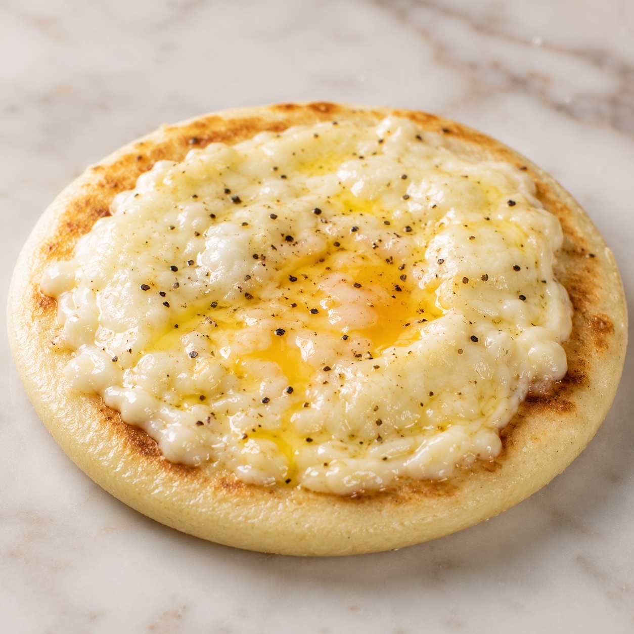 Arepa topped with molten cheese, a soft egg stirred through and butter