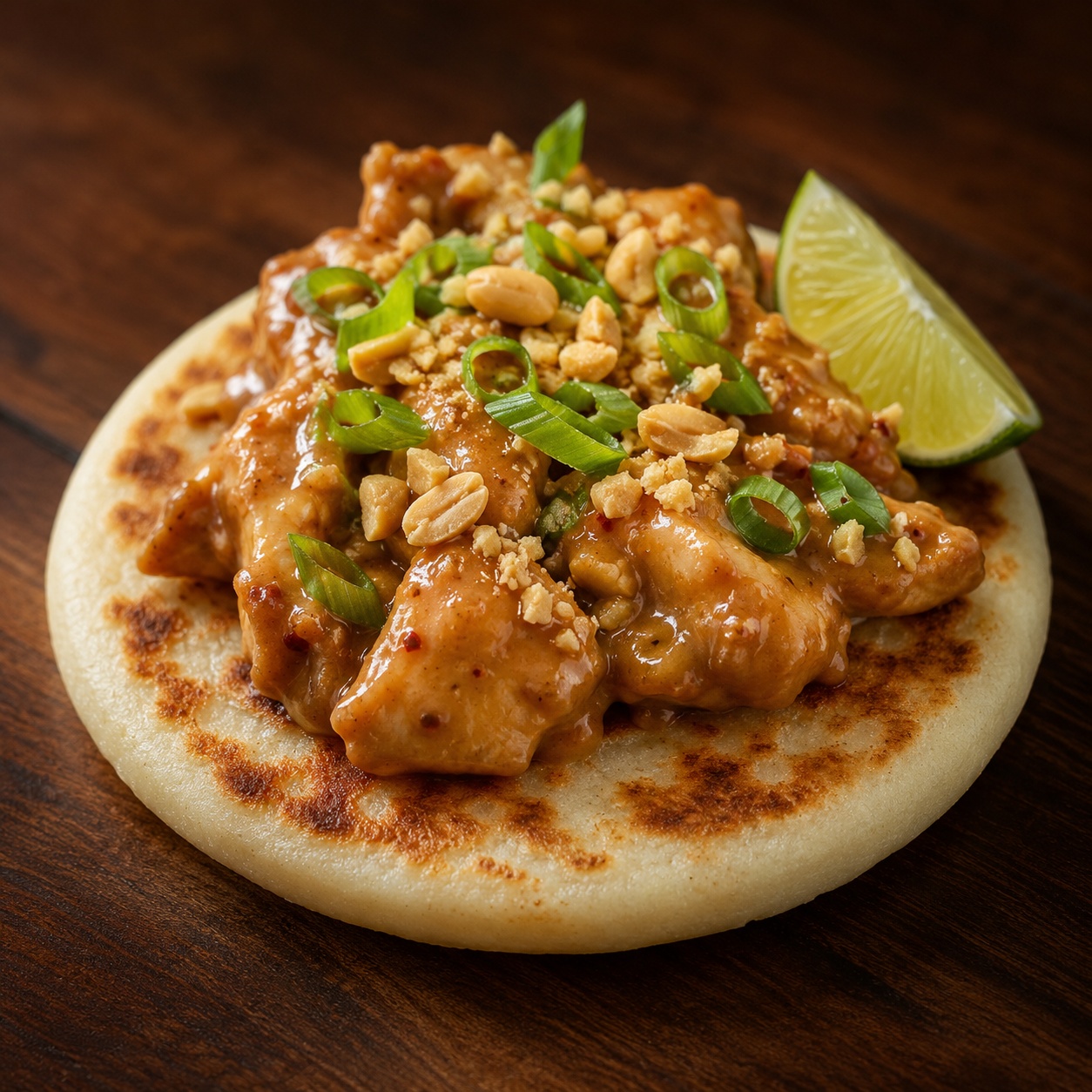 Arepa with Thai Peanut Chicken — Fusion Gluten-Free Dinner