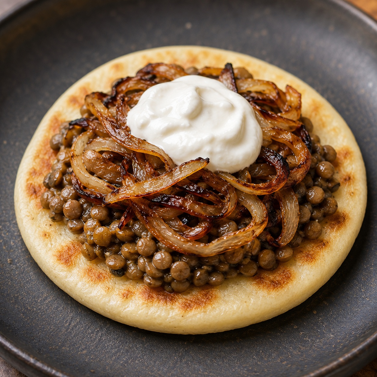 Arepa topped with spiced lentils, caramelized onion and yogurt
