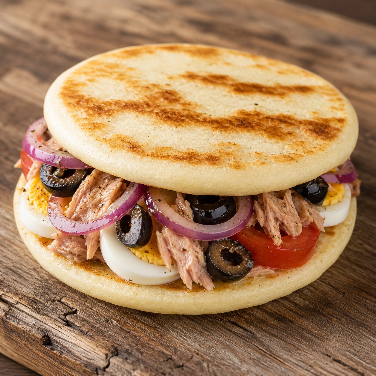 Two arepas pressed together with tuna, black olives, tomato and hard-boiled egg