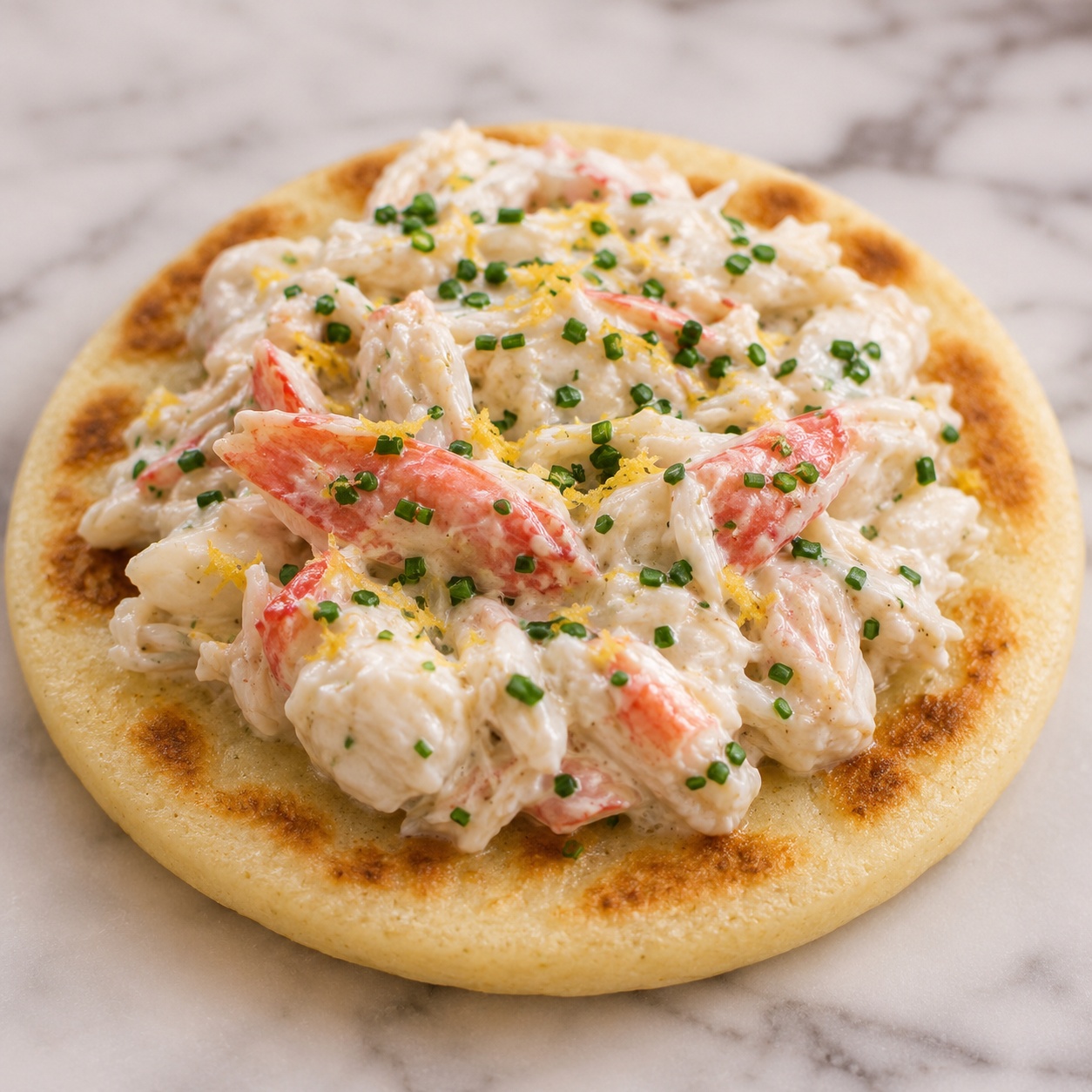 Arepa topped with lemony Dungeness crab, chive and crème fraîche