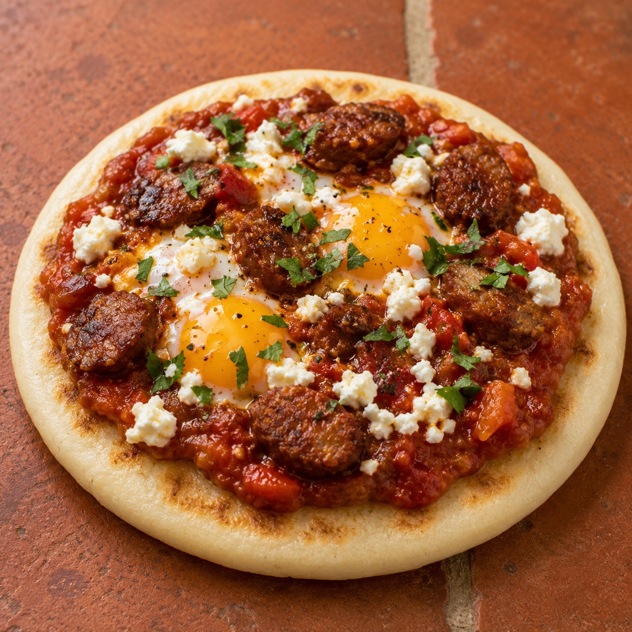 Arepa topped with eggs poached in spiced tomato sauce with merguez and feta