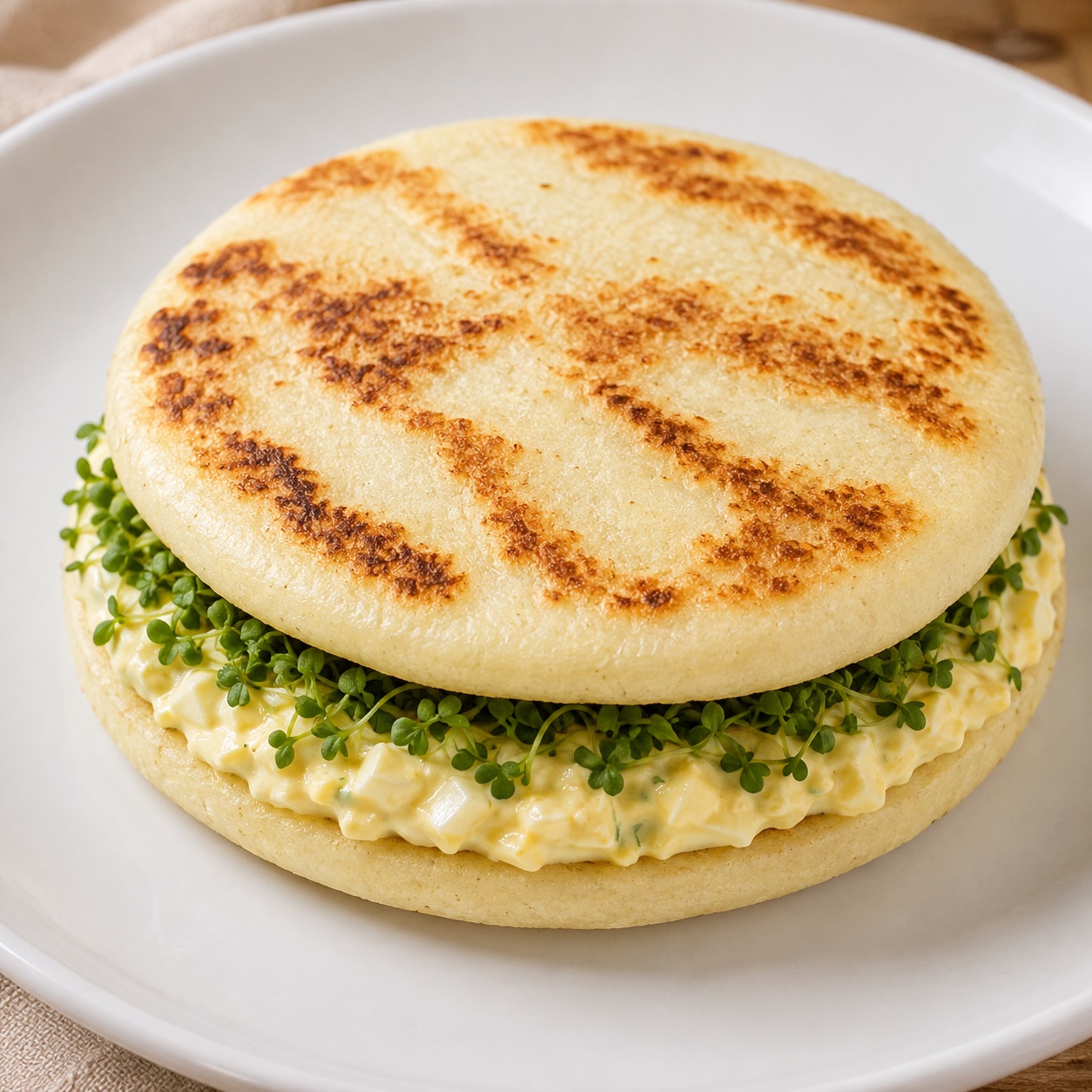 Two arepas sandwiched with egg mayonnaise and peppery cress