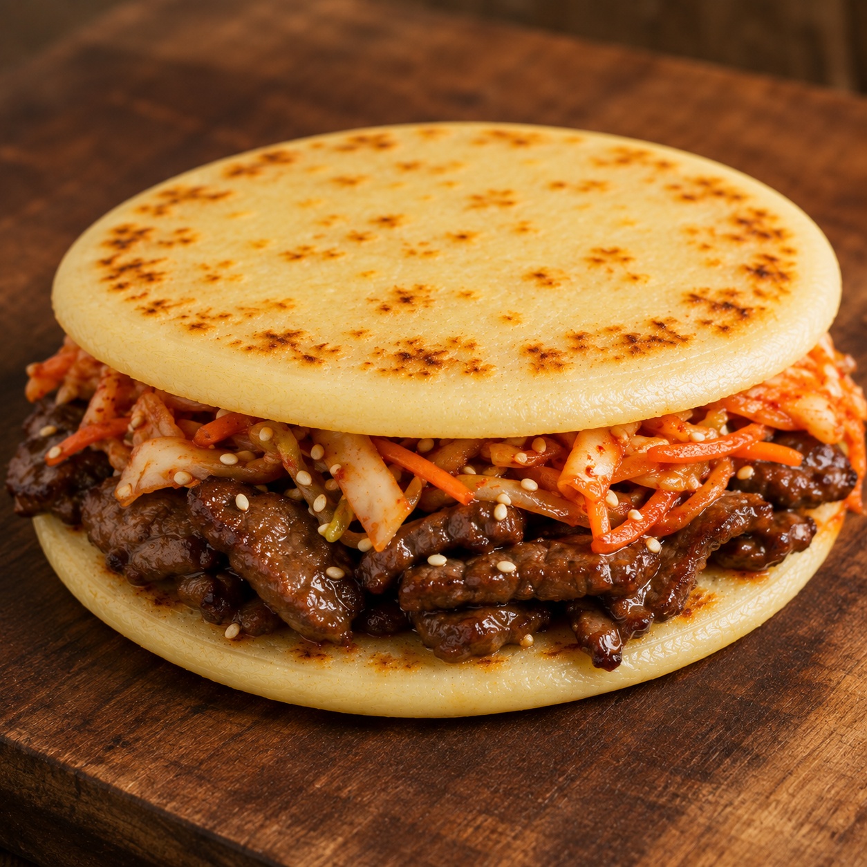 Two arepas sandwiched with caramelized bulgogi beef and drained kimchi slaw
