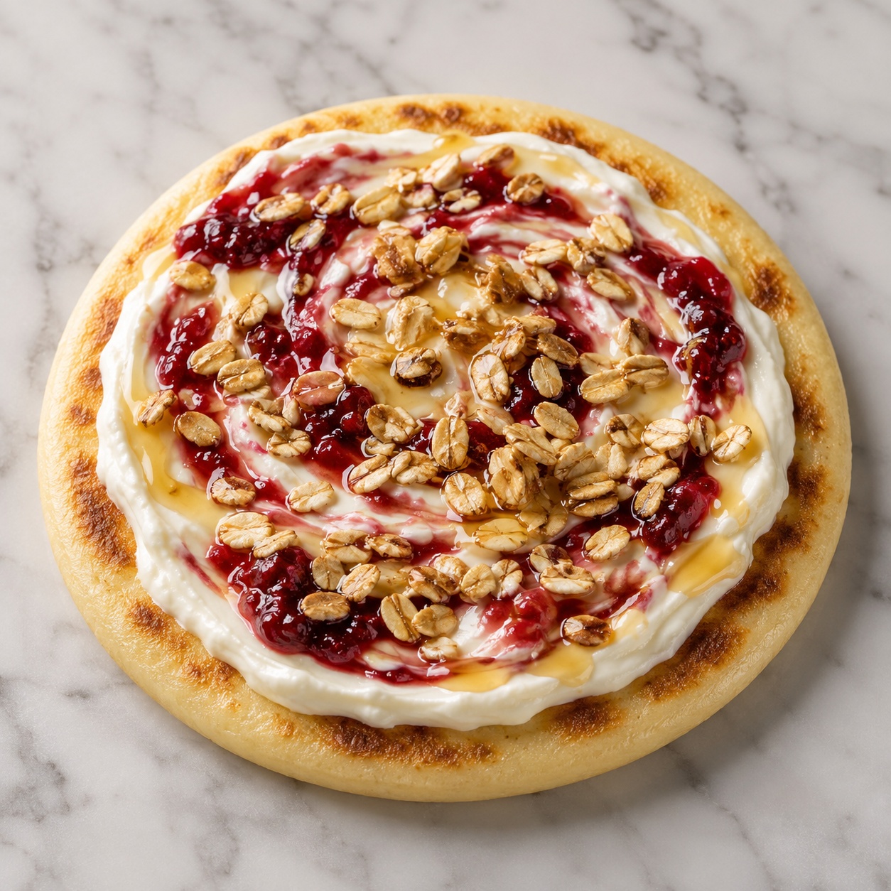 Arepa spread with thick skyr, lingonberry jam and toasted oats