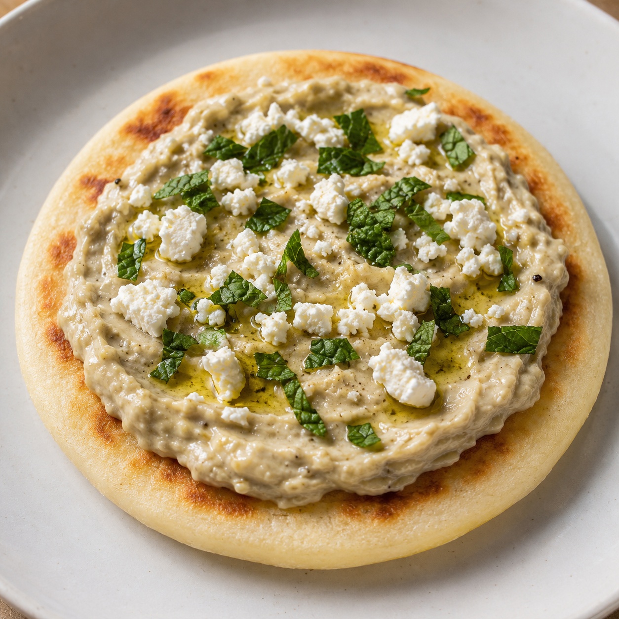Arepa spread with smoky baba ganoush, crumbled feta and torn mint