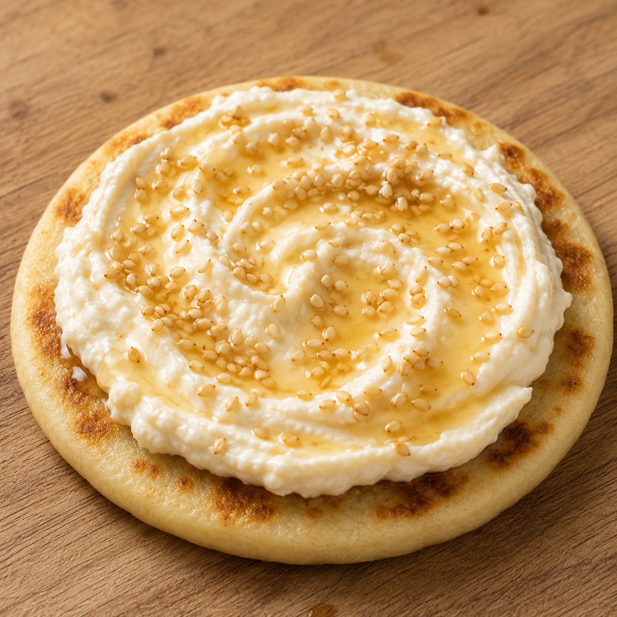 Arepa spread with whipped feta, honey and toasted sesame seeds