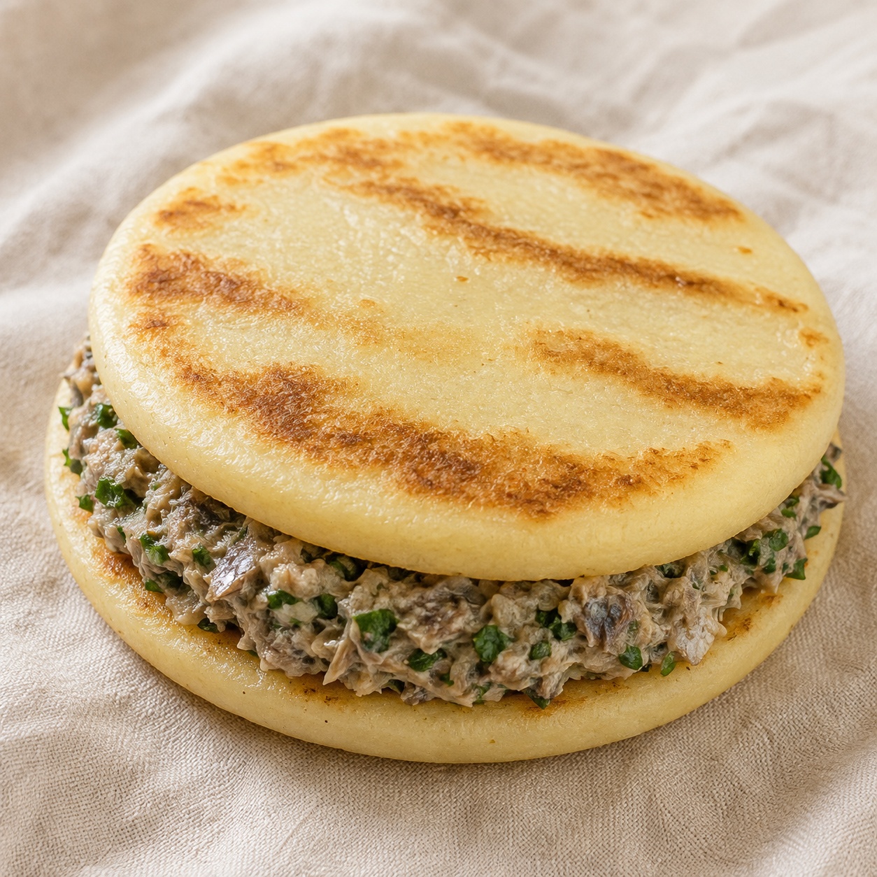 Two arepas sandwiched with a lemony mashed-sardine spread