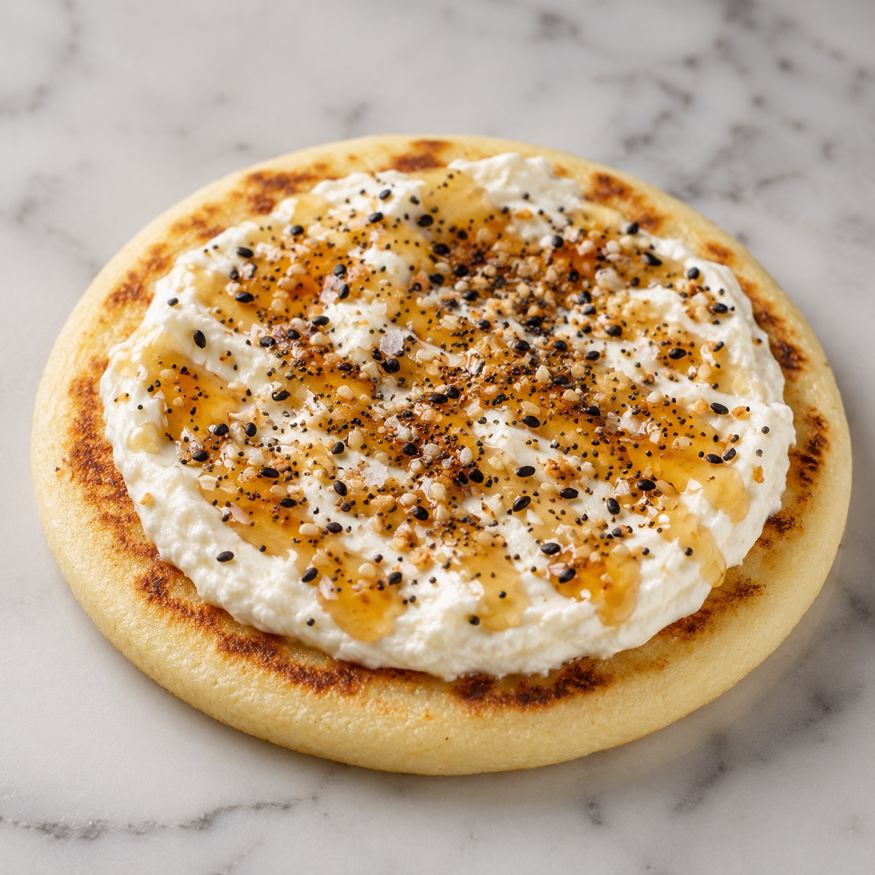 Arepa spread with whipped cottage cheese, hot honey and everything seasoning