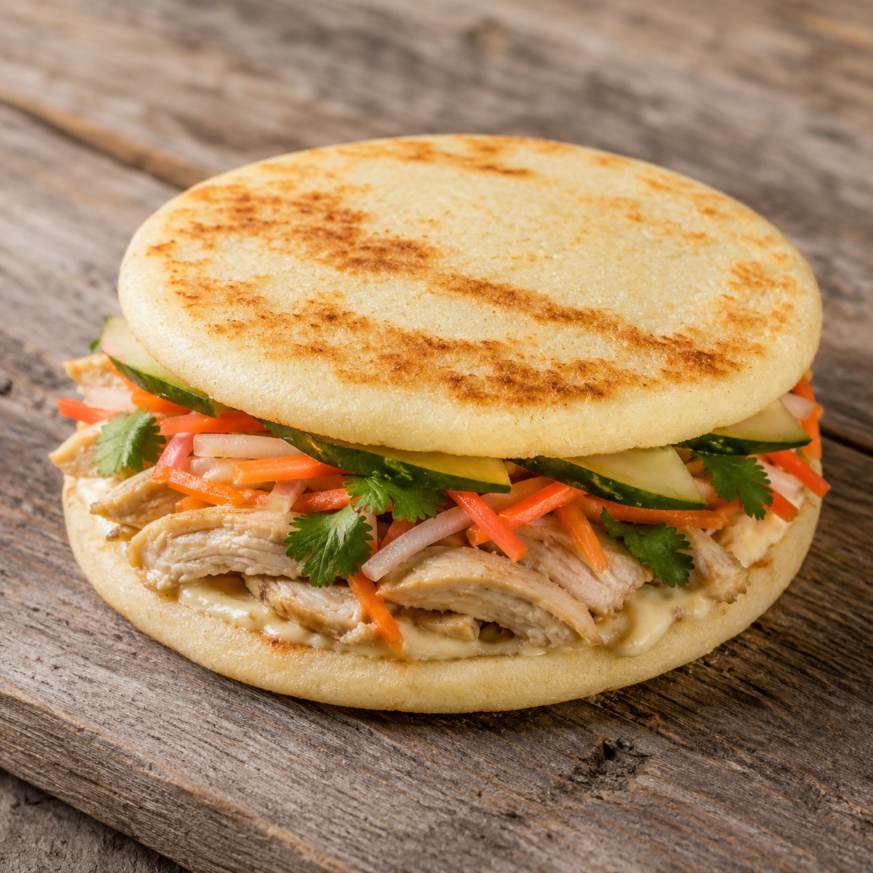 Two arepas sandwiched with savory chicken, pickled carrot and daikon, and cilantro