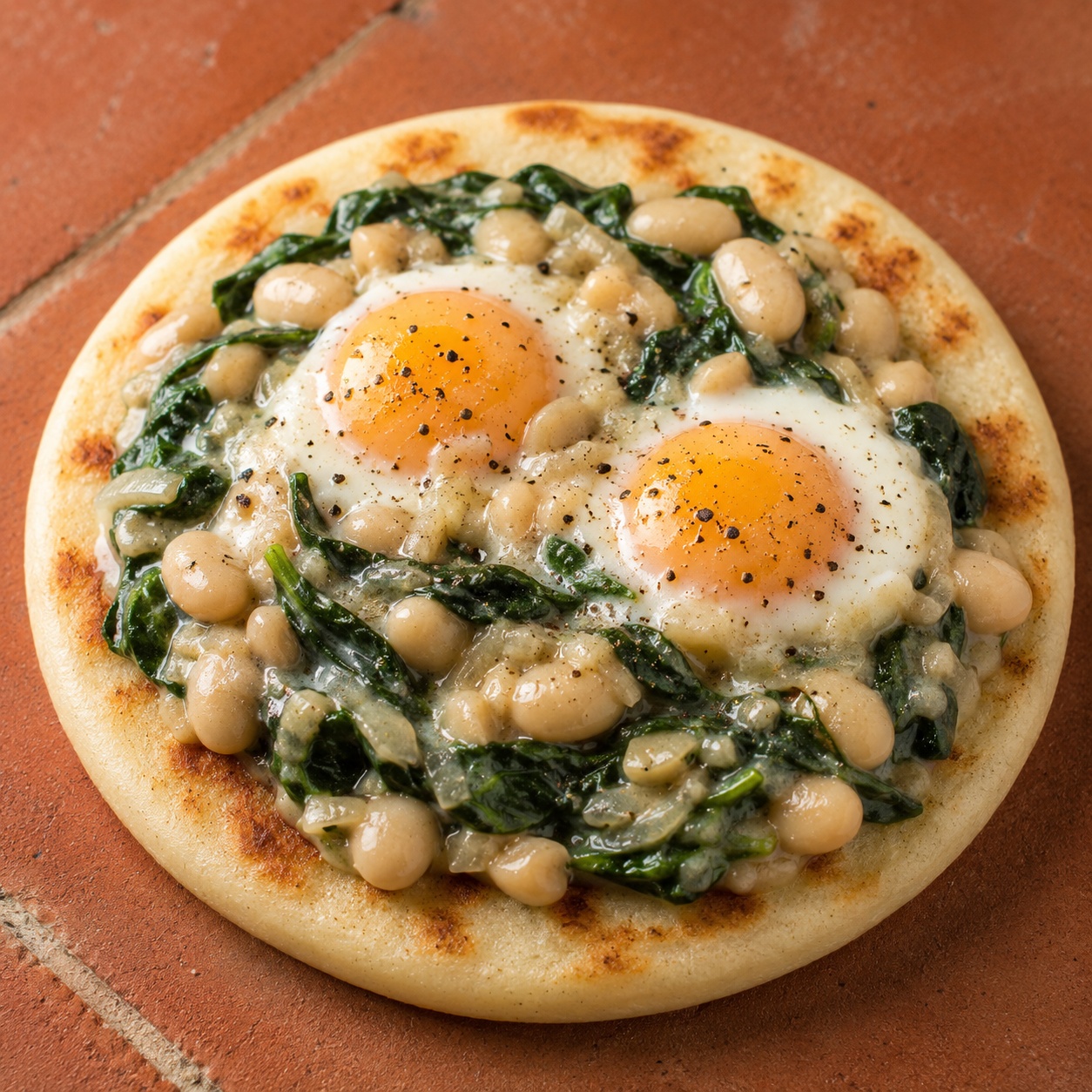 Arepa topped with eggs poached in creamy white beans and spinach