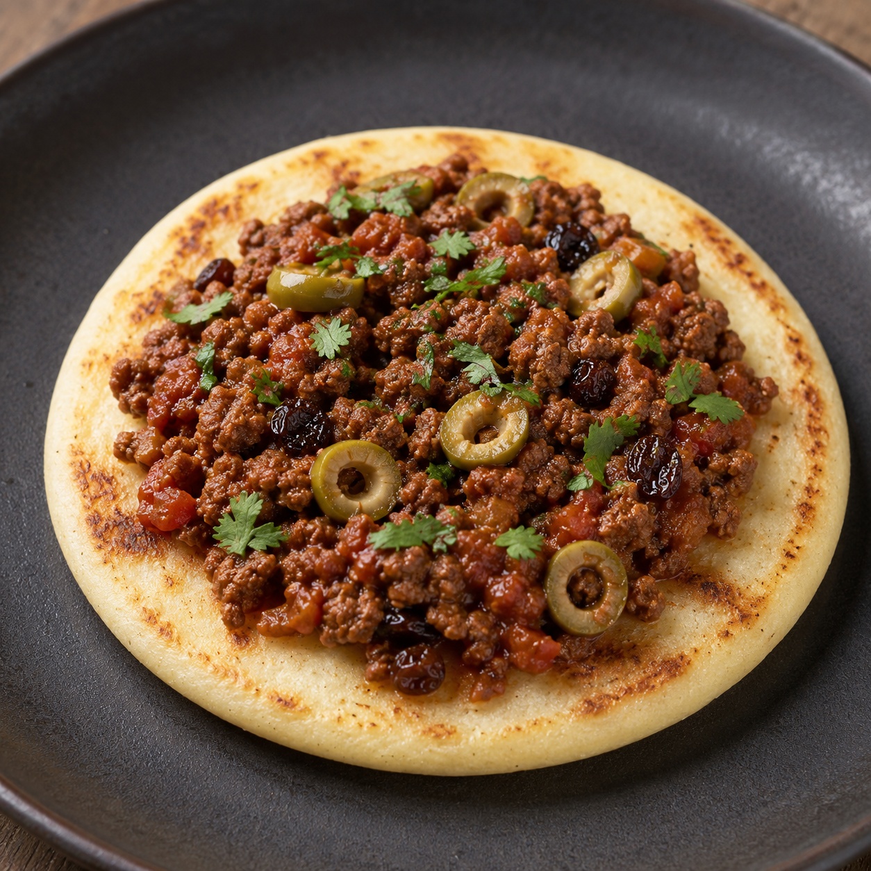 Arepa topped with Cuban picadillo — ground beef with olives and raisins