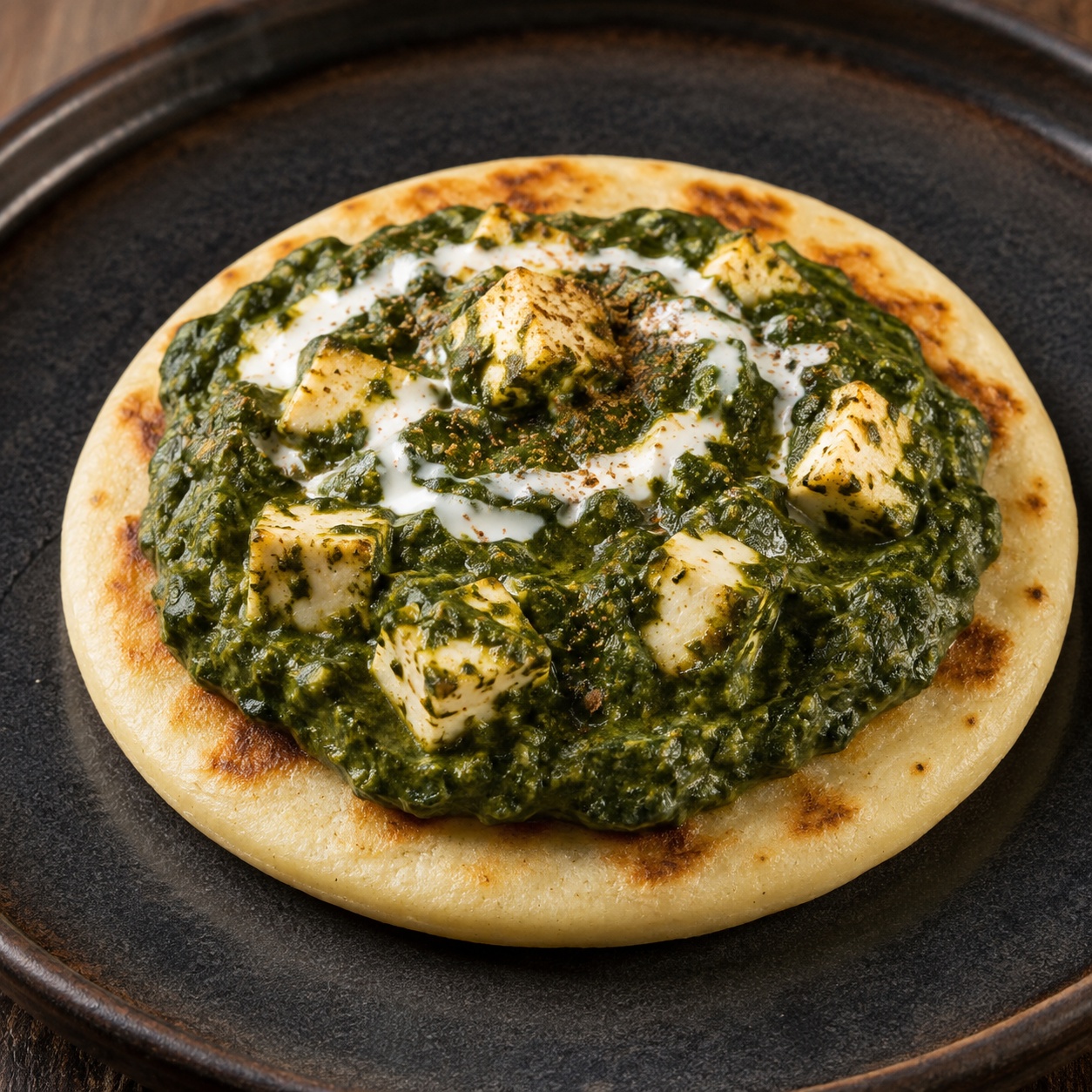 Arepa topped with cubes of paneer in a creamy spiced spinach sauce
