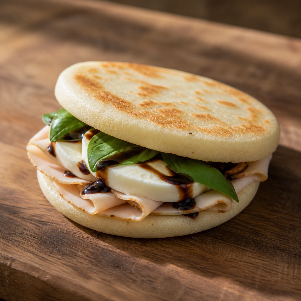 Mozzarella Basil Turkey Arepa Sandwich — gluten-free arepa recipe