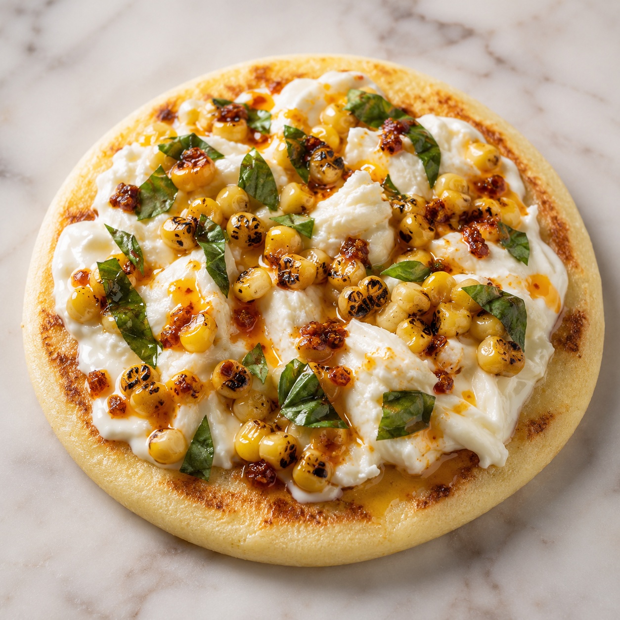Arepa topped with torn burrata, charred corn, basil and chili oil