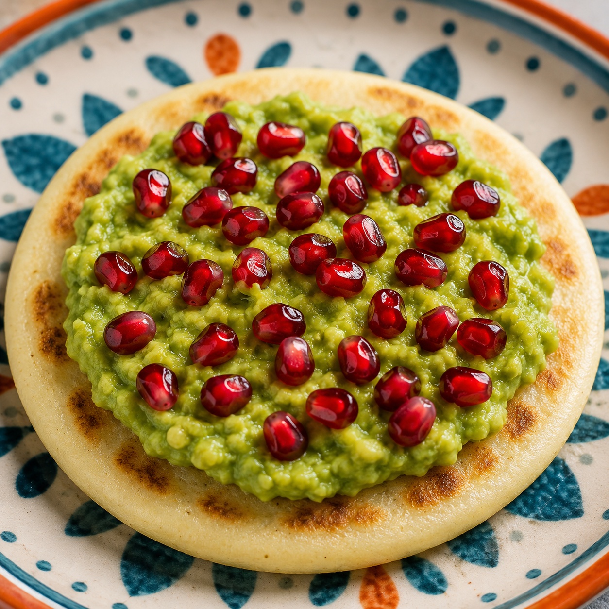 Arepa spread with guacamole and scattered pomegranate seeds