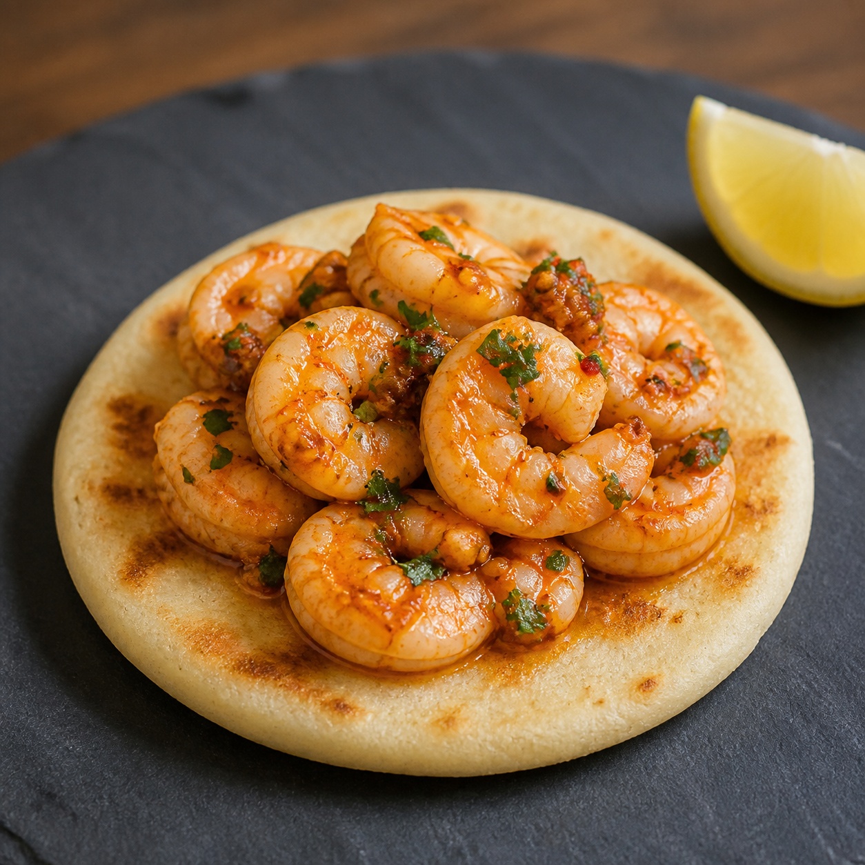 Arepa topped with piri-piri shrimp, garlic butter and parsley