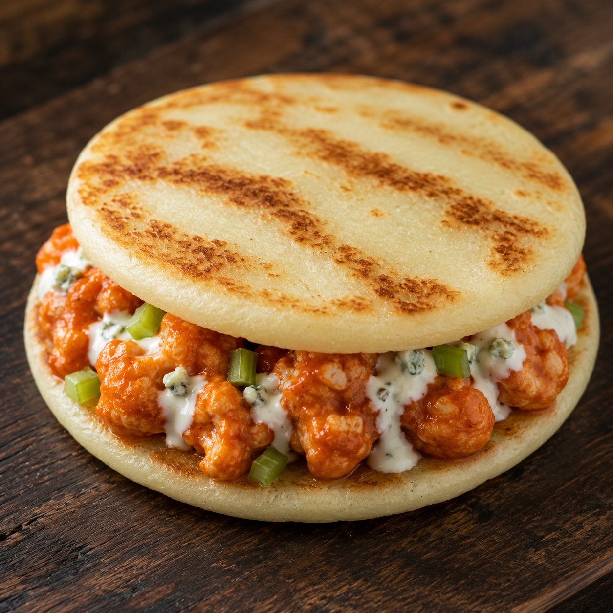 Two arepas sandwiched with buffalo-sauced roasted cauliflower and blue cheese
