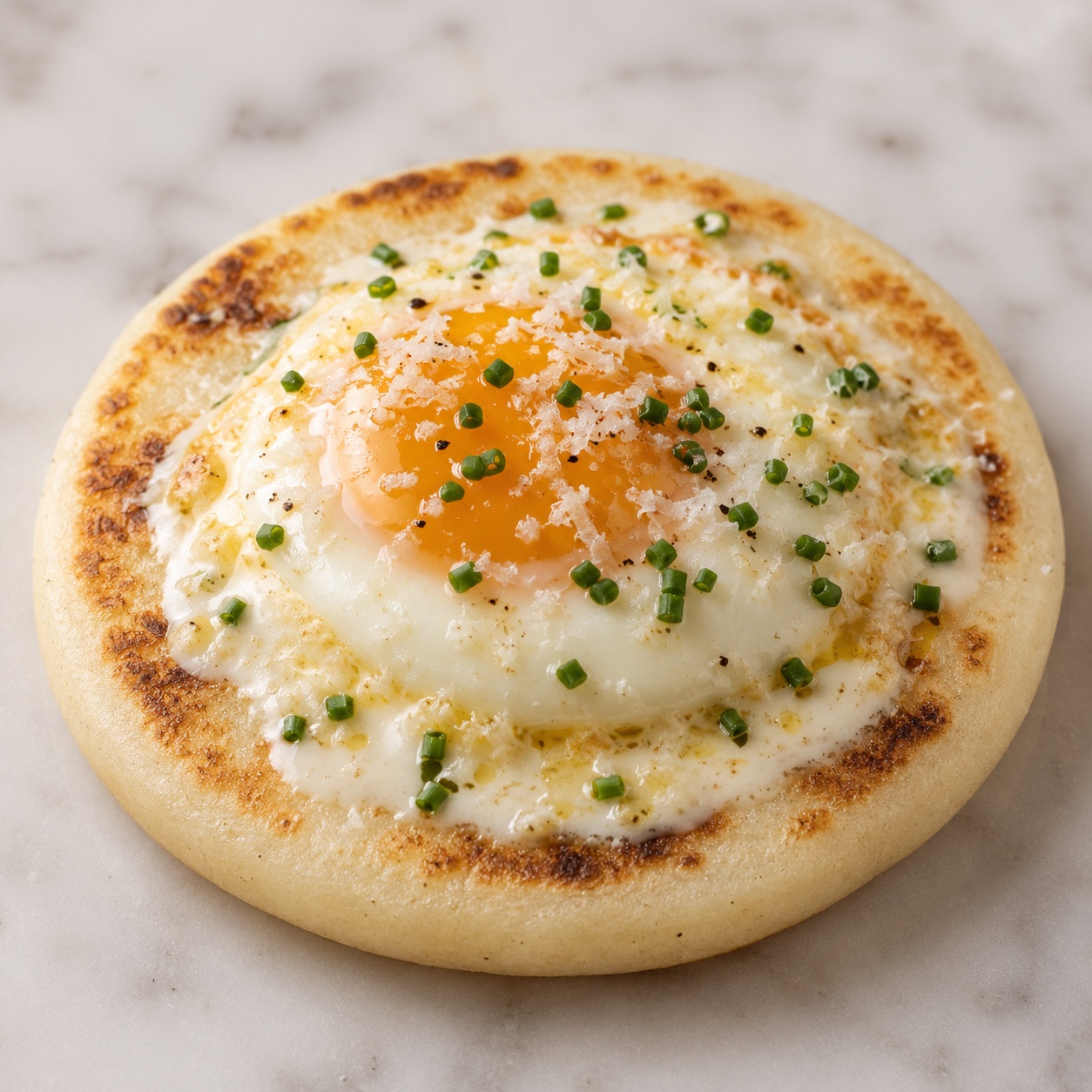Arepa topped with a shirred egg baked in cream with parmesan and chives
