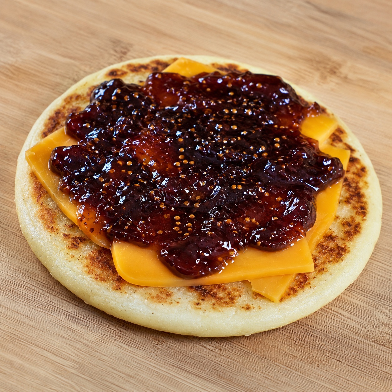 Arepa topped with sliced cheddar and fig jam