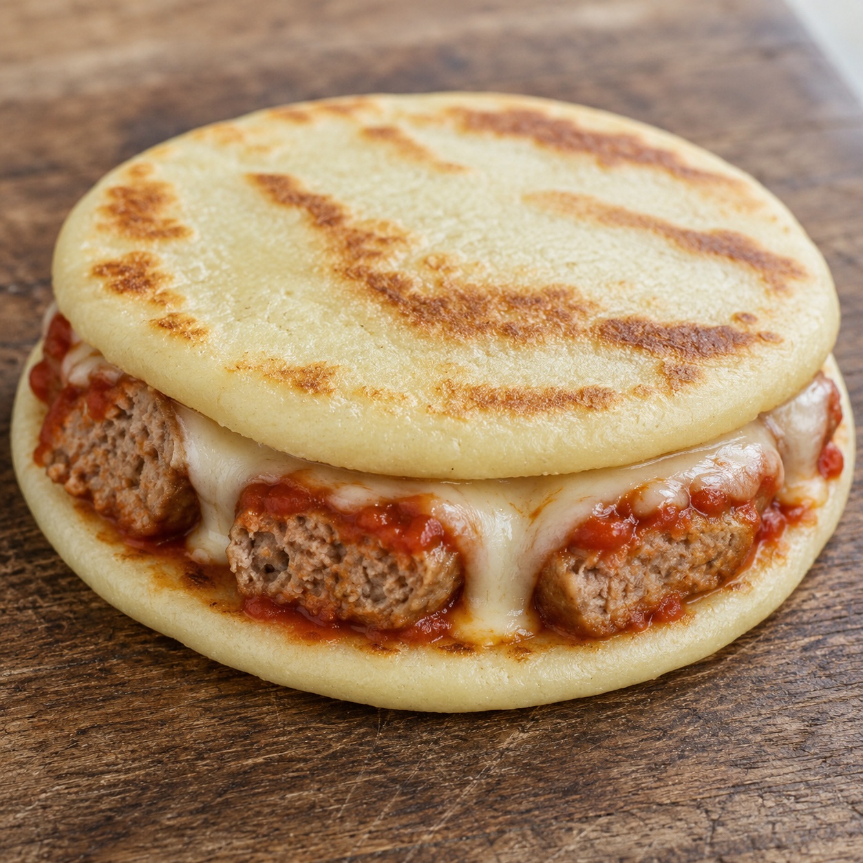 Two arepas pressed together with meatballs, marinara and melted provolone