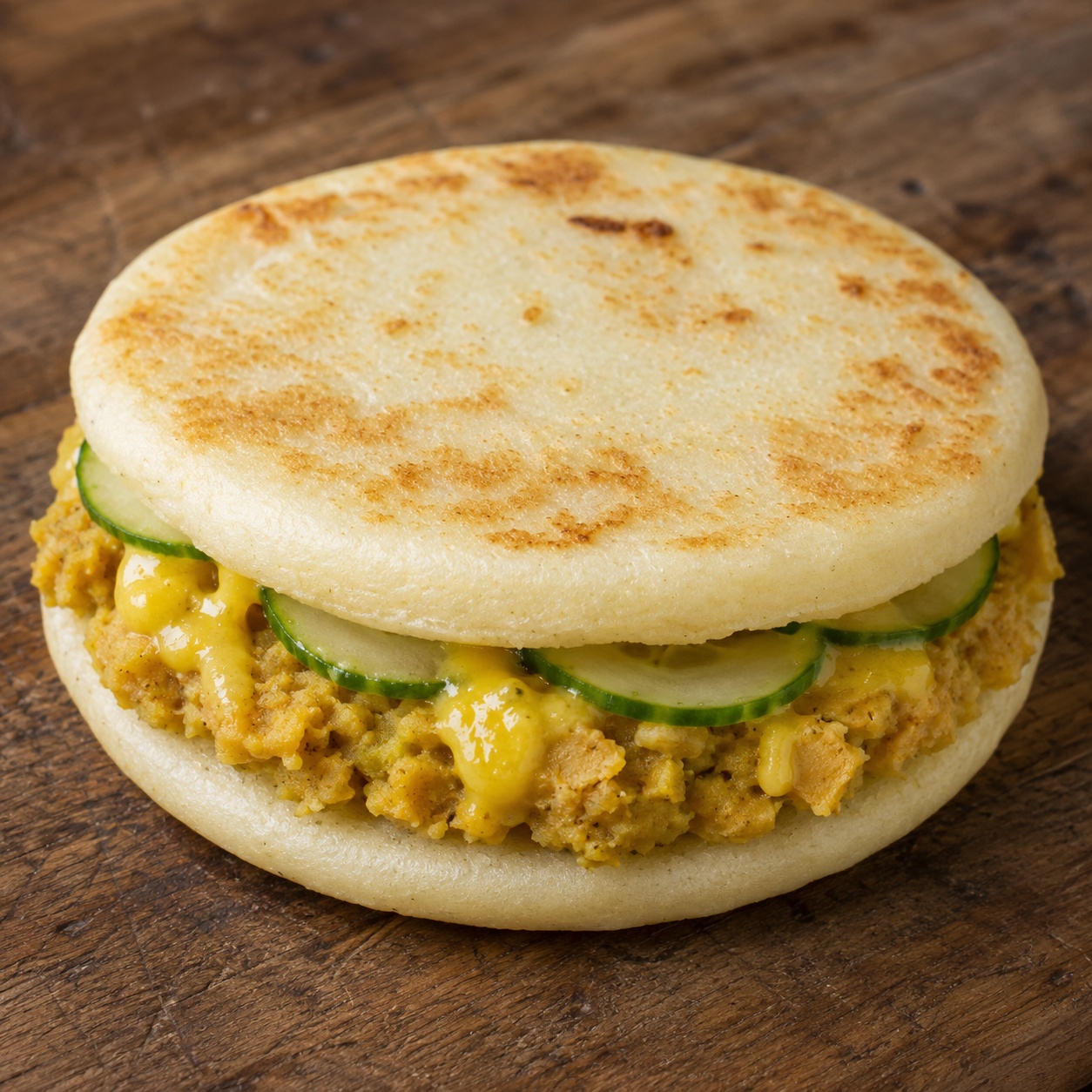 Two arepas sandwiched with mashed falafel-spiced chickpeas, amba and cucumber