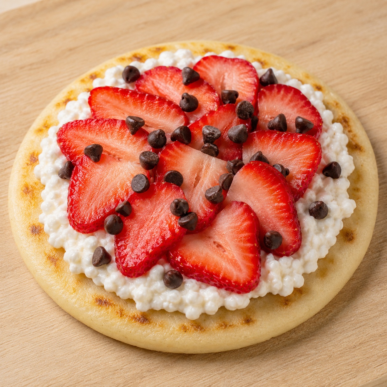Arepa with cottage cheese, sliced strawberries and mini chocolate chips
