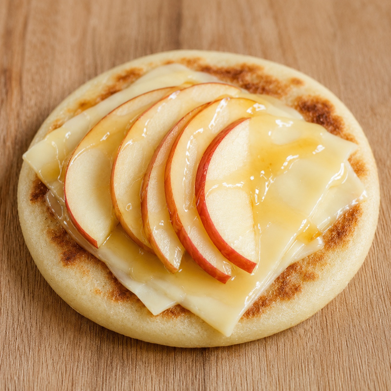 Arepa topped with sliced gouda, apple slices and honey