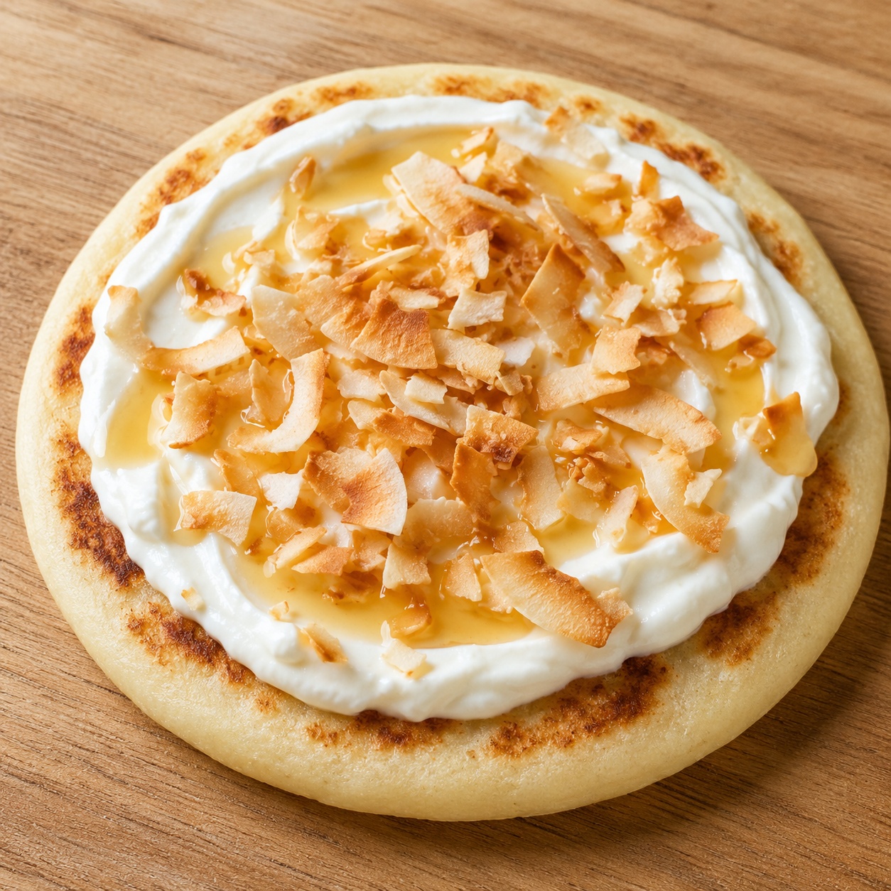 Arepa spread with Greek yogurt, honey and toasted coconut flakes