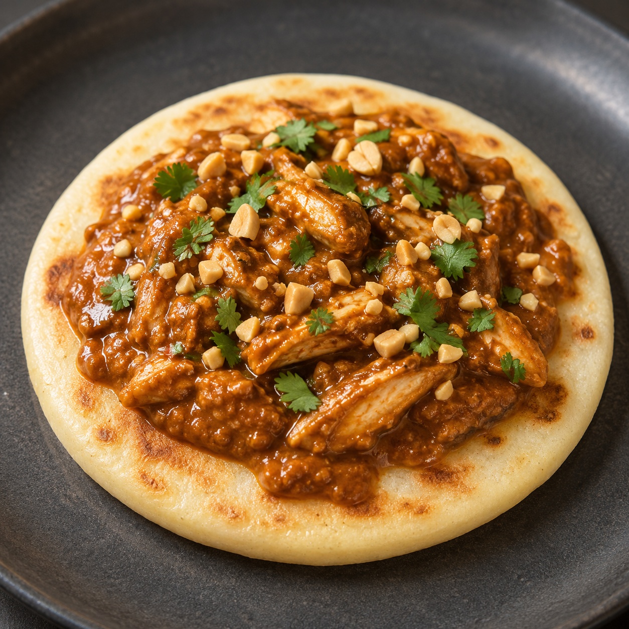 Arepa topped with chicken in a rich tomato-peanut stew