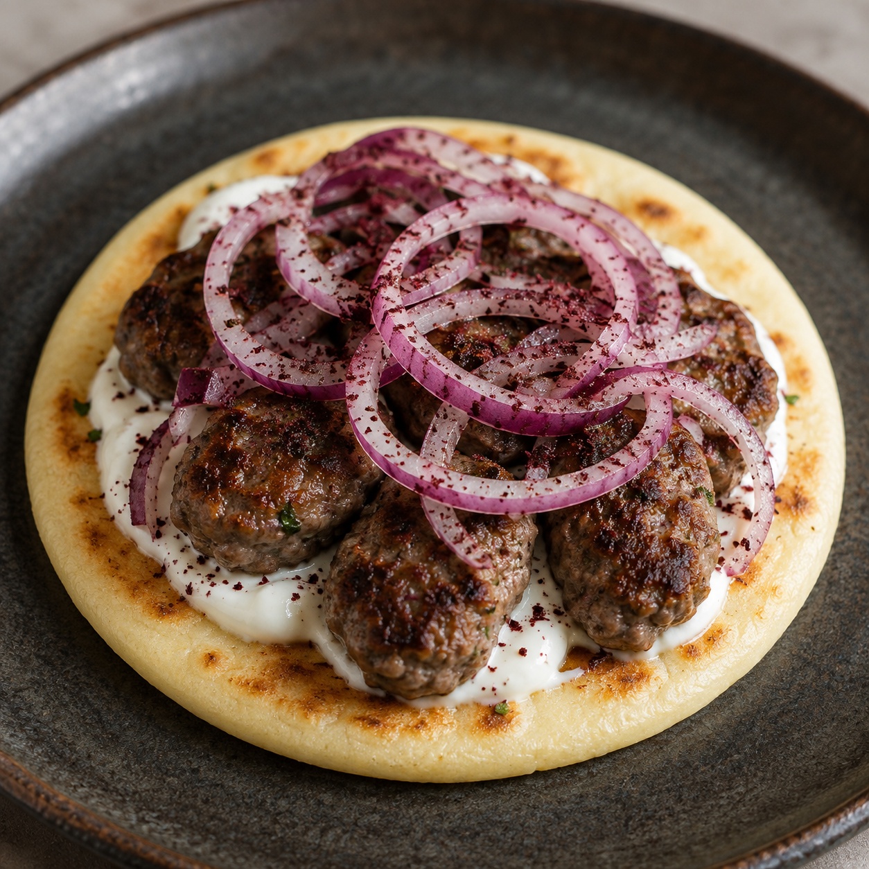Arepa topped with spiced kofte, yogurt and sumac onion