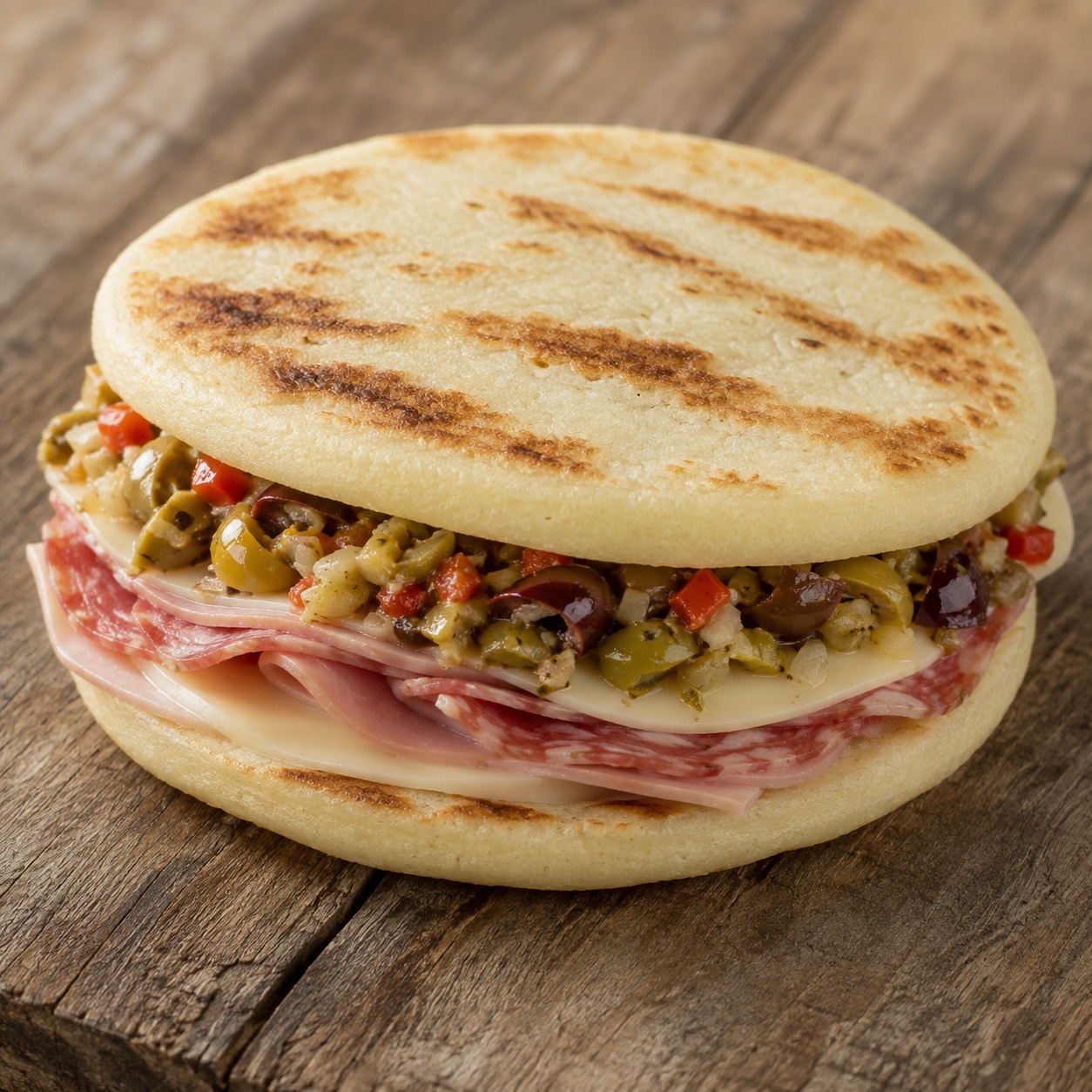Two arepas pressed together with ham, salami, provolone and olive salad