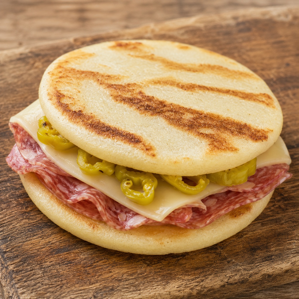 Two arepas sandwiched with salami, provolone and pepperoncini