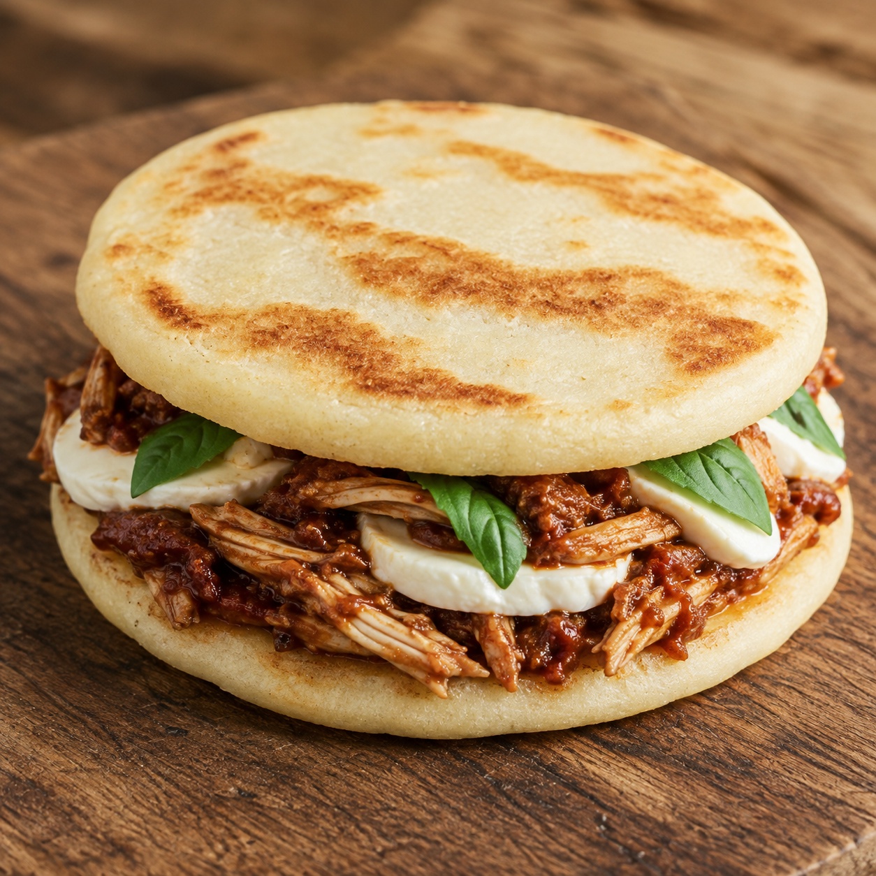 Two arepas sandwiched with sun-dried tomato pesto chicken and fresh mozzarella