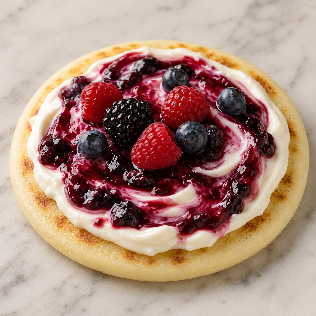Arepa spread with mascarpone marbled with berry jam and topped with fresh berries