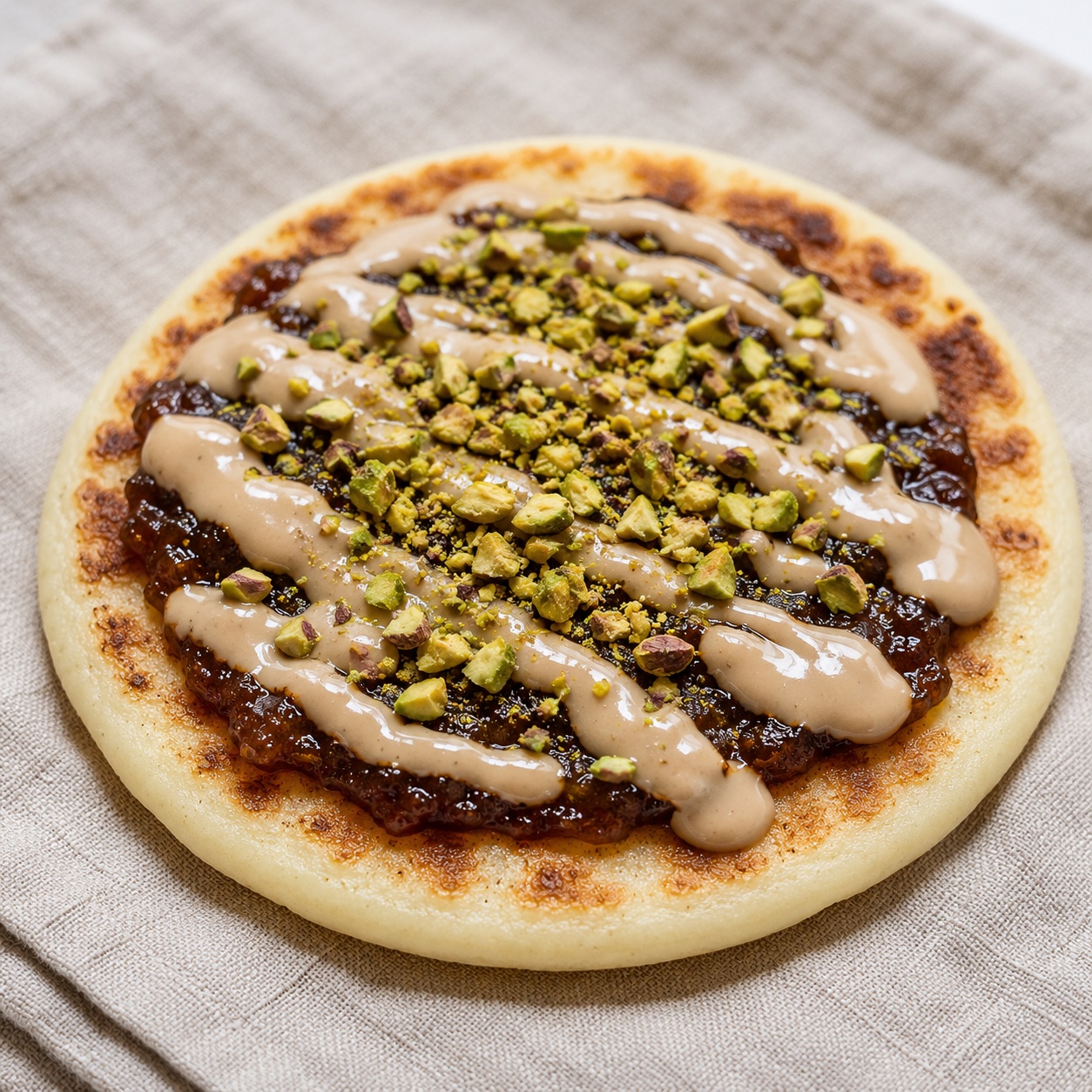 Arepa spread with cardamom date paste, tahini and crushed pistachio