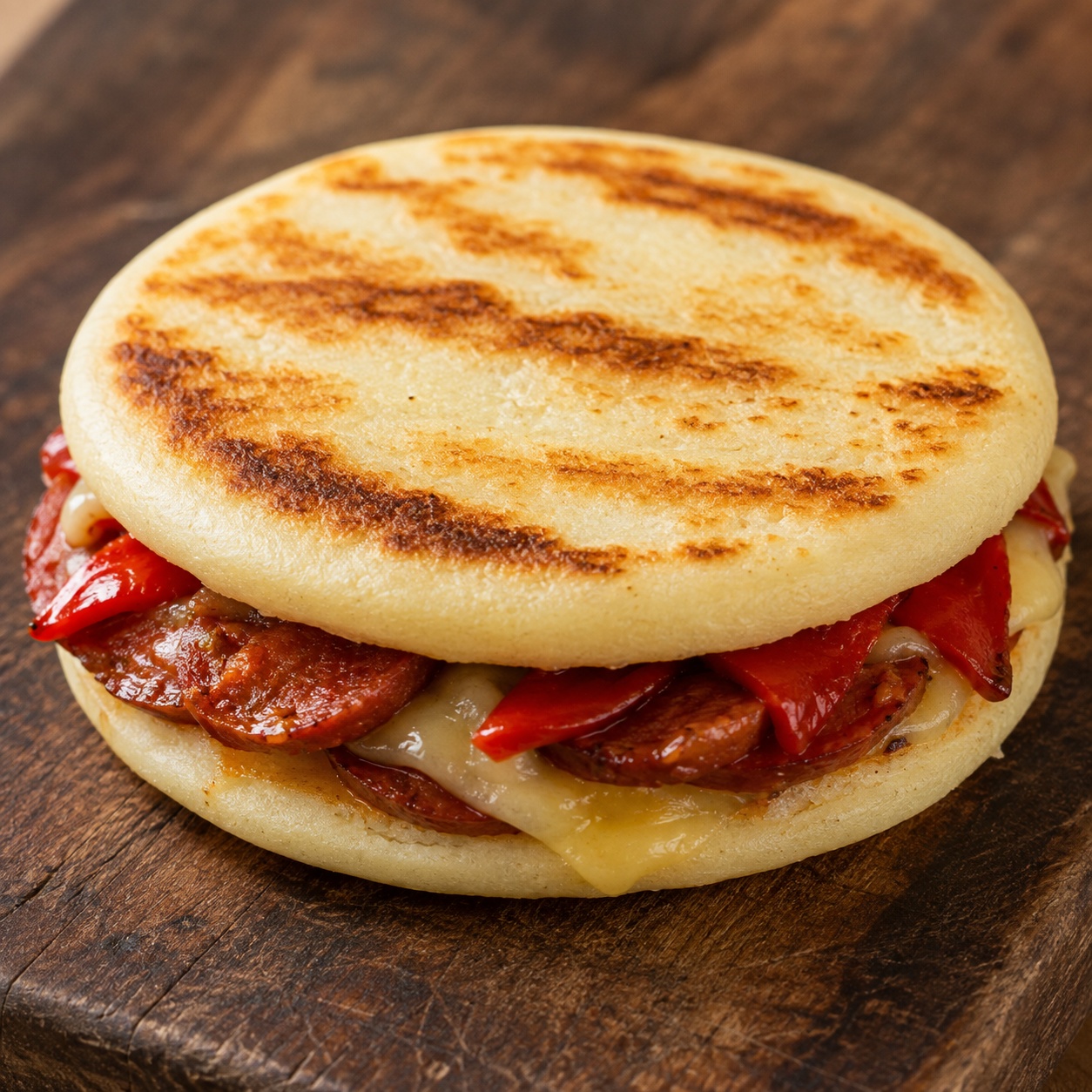 Two arepas pressed together with cured chorizo, manchego and piquillo peppers