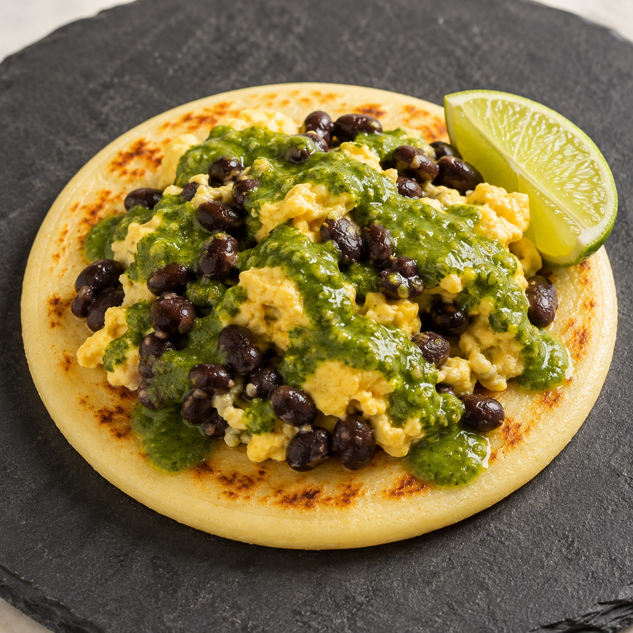 Arepa topped with soft scrambled eggs, black beans and bright green aji verde sauce