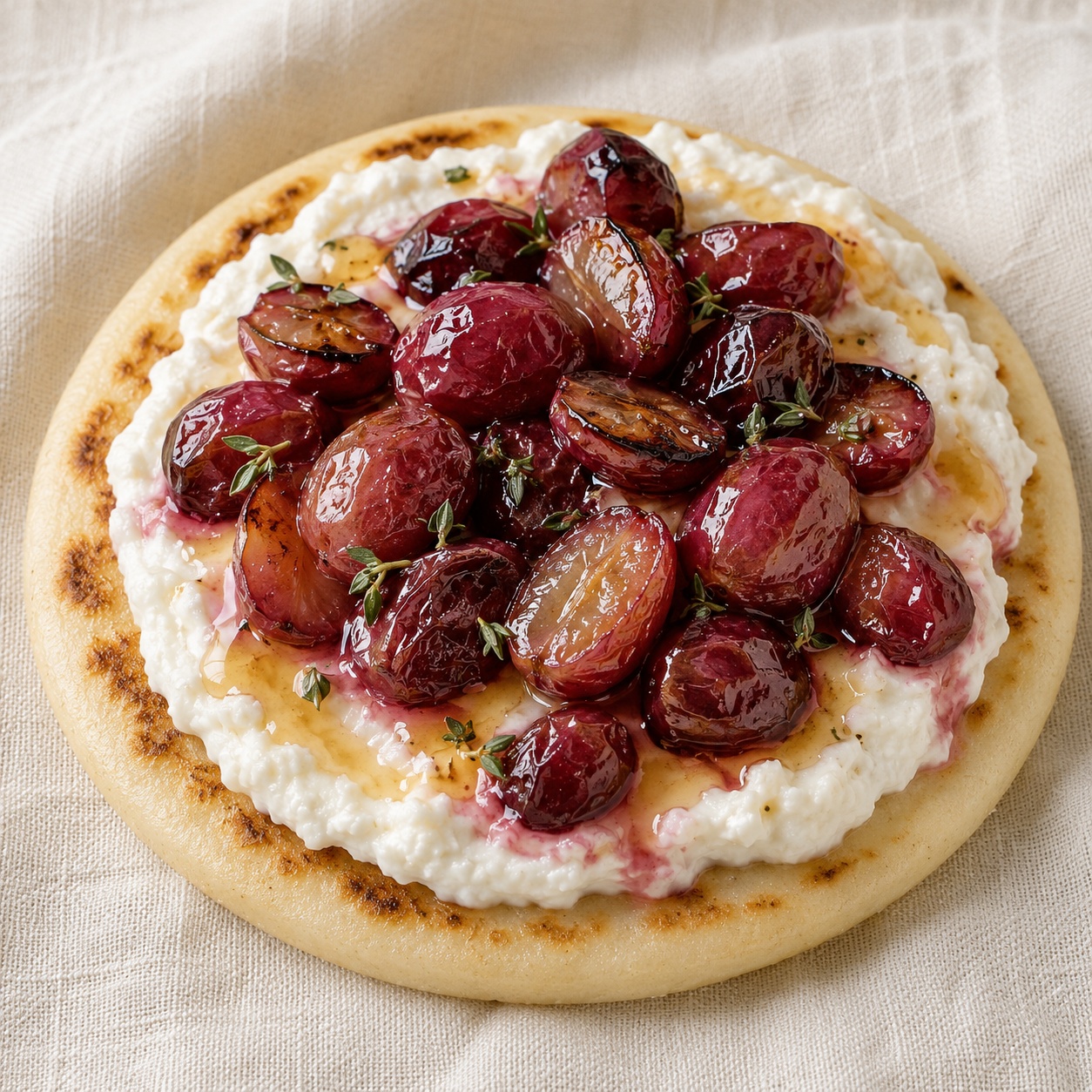 Arepa with whipped cottage cheese, blistered roasted grapes, honey and thyme