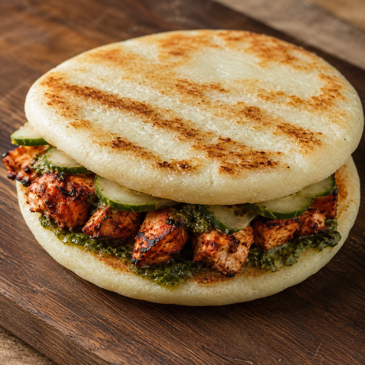 Two arepas sandwiched with charred chicken tikka in mint chutney and cucumber