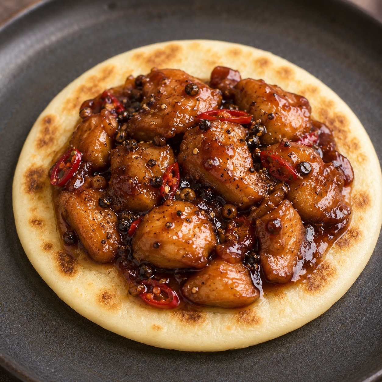 Arepa topped with dark, glossy Vietnamese caramel chicken