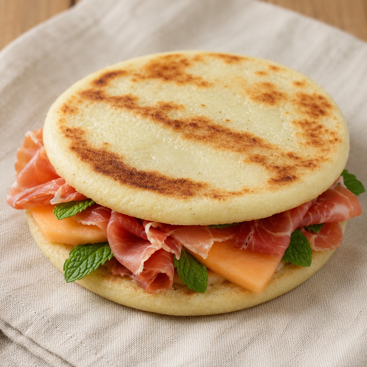 Two arepas sandwiched with prosciutto, thin melon slices and mint