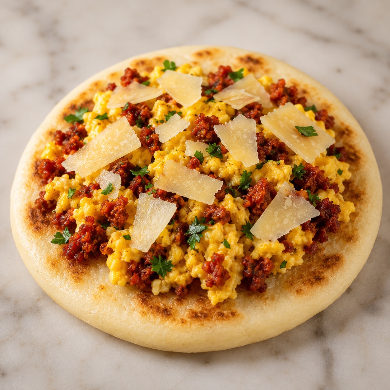 Arepa topped with chorizo and scrambled egg revueltos with shaved manchego