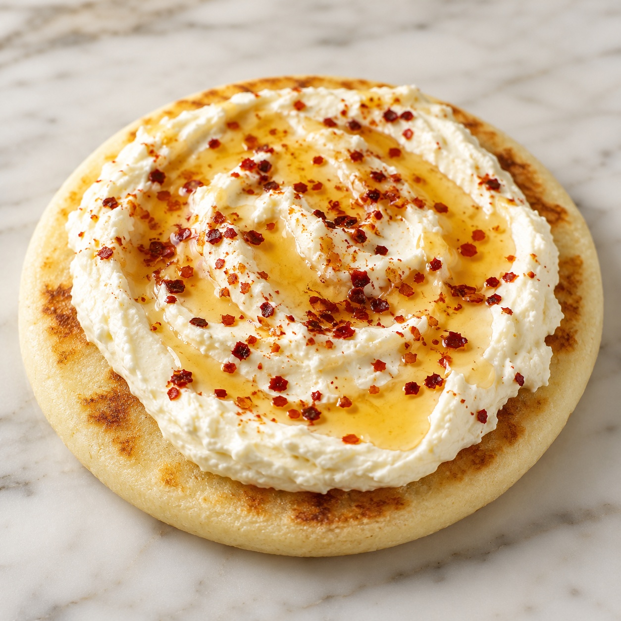 Arepa spread with whipped feta, a honey drizzle and Aleppo pepper