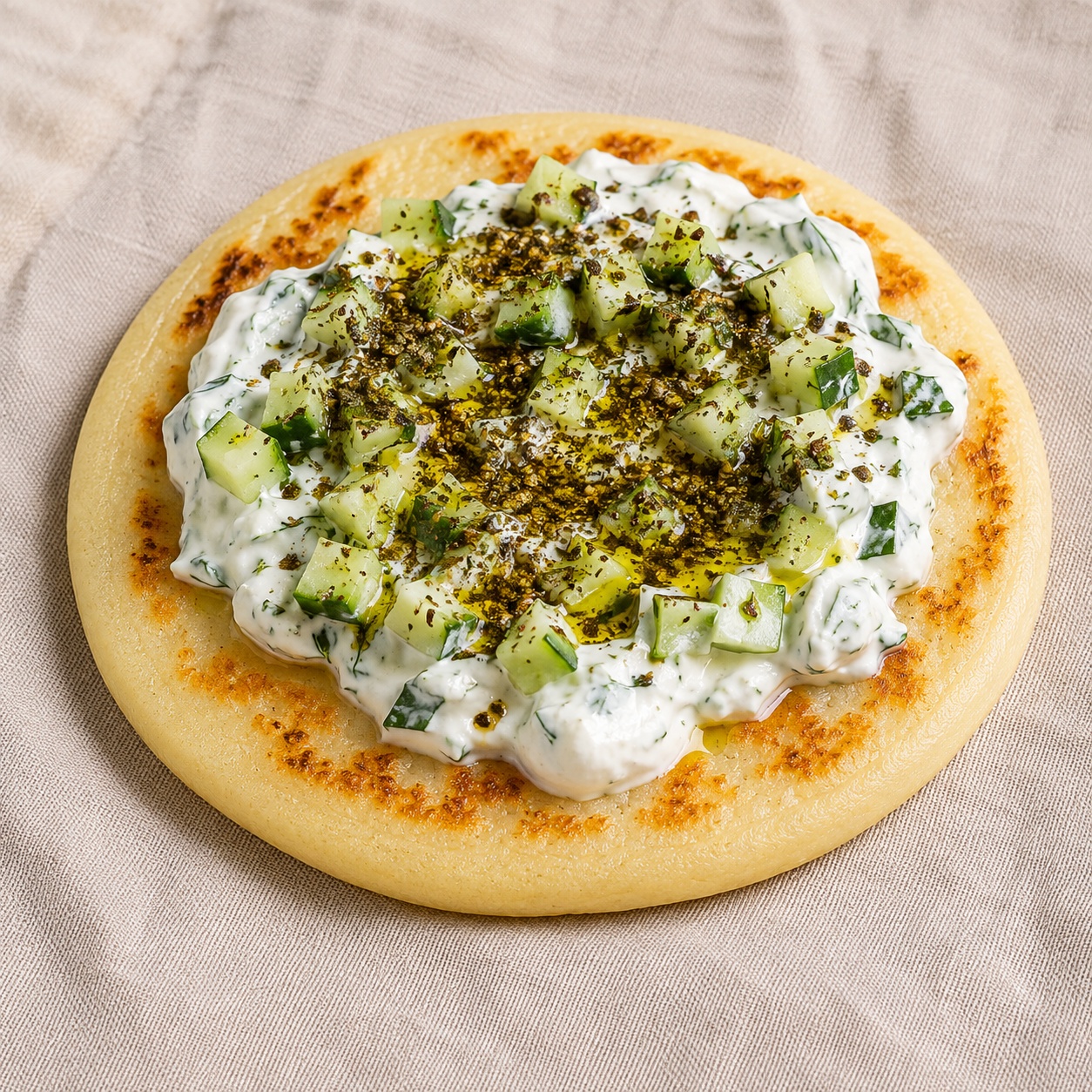 Arepa with savory Greek yogurt, diced cucumber, dill and za'atar