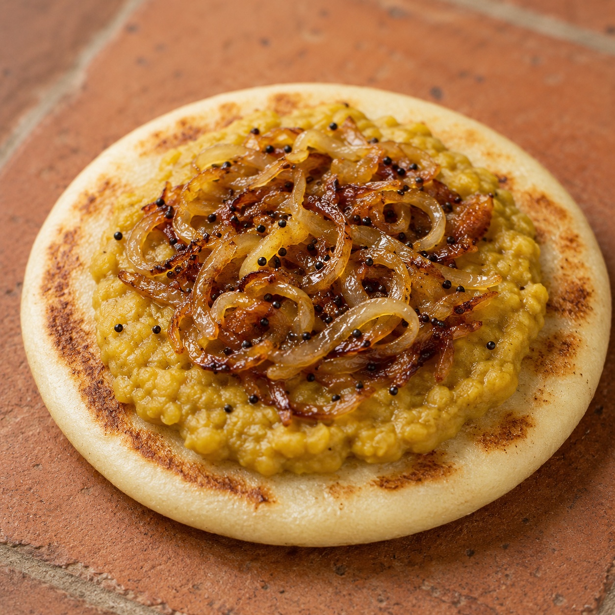 Arepa topped with creamy yellow red-lentil dal and tempered onion