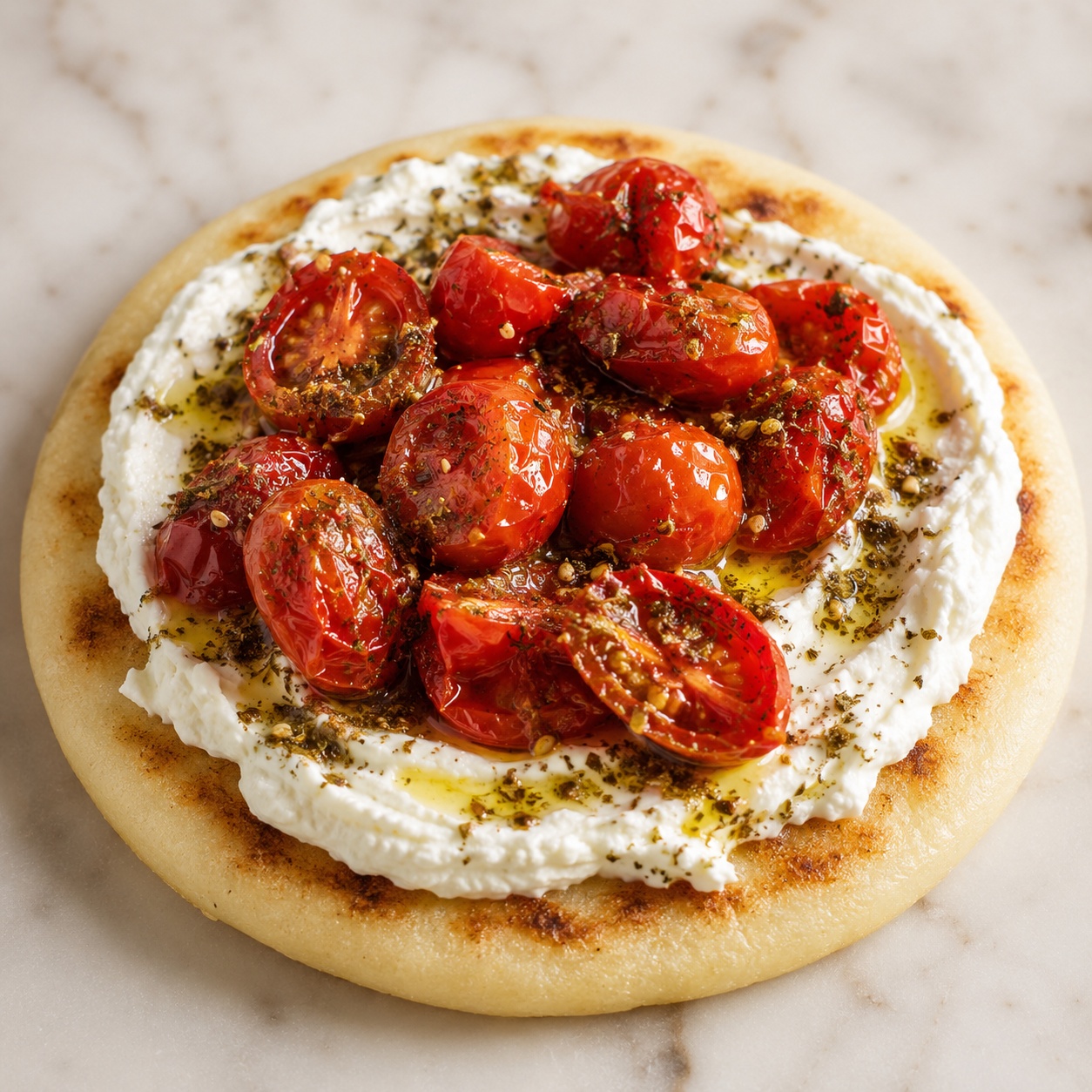 Arepa spread with labneh, warm roasted cherry tomatoes and za'atar