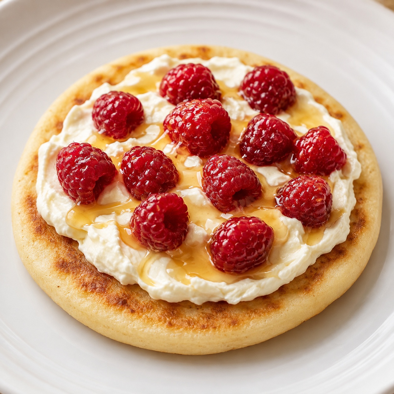 Arepa spread with mascarpone, fresh raspberries and honey