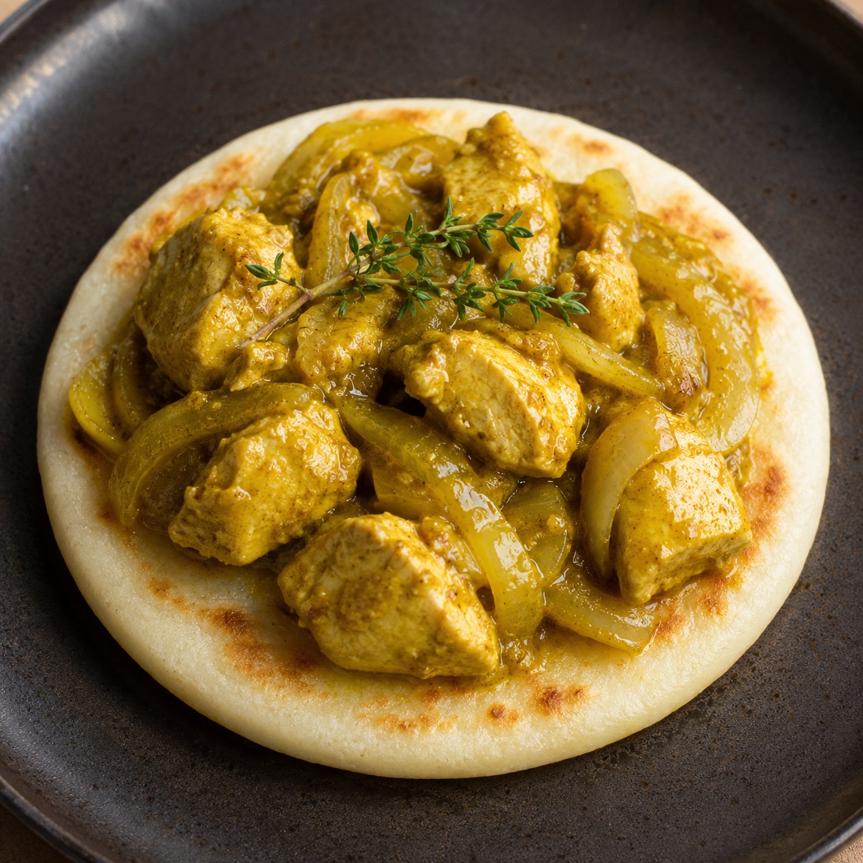 Arepa topped with golden Jamaican curry chicken
