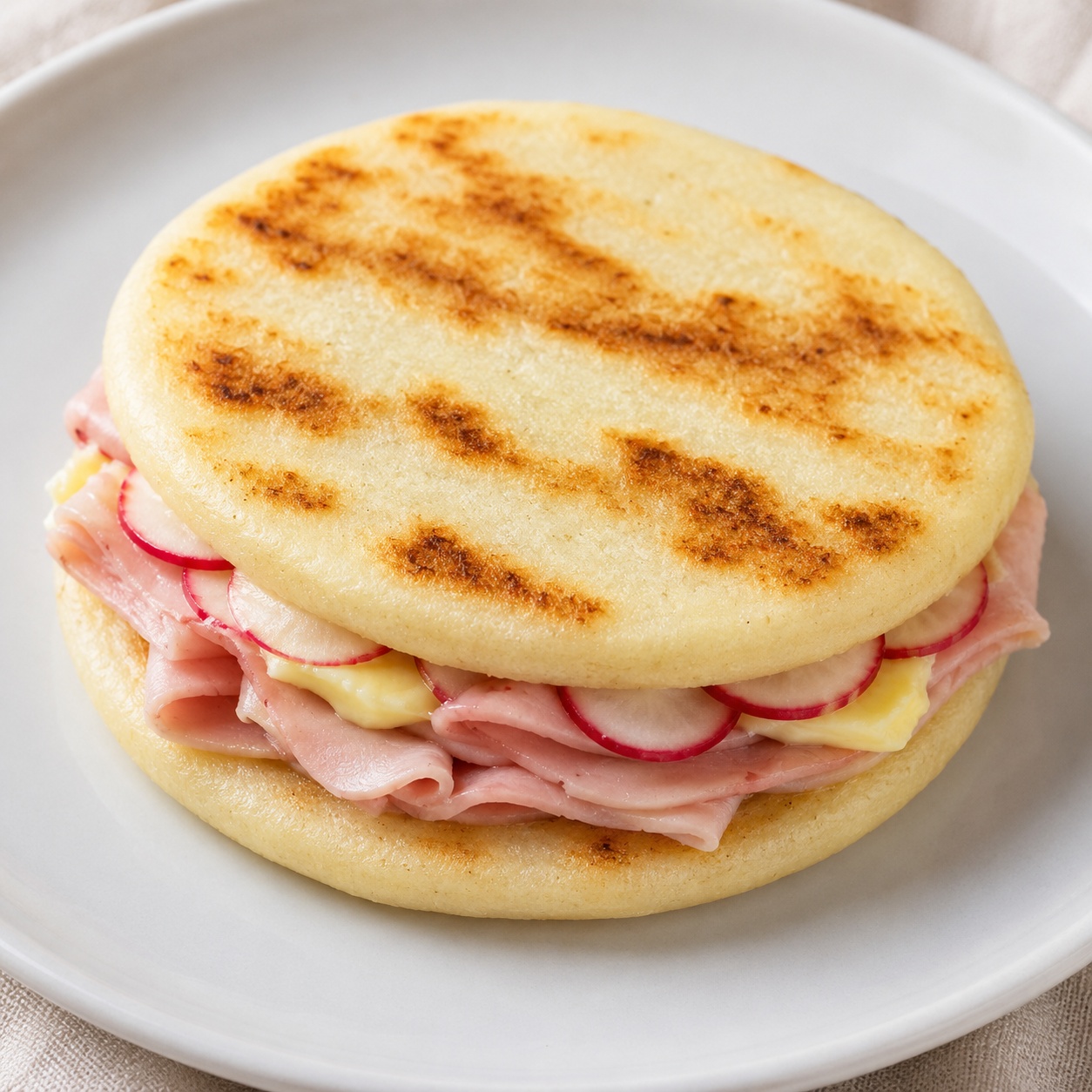 Two arepas sandwiched with ham, butter and thin radish slices